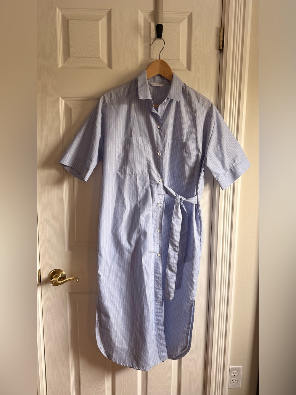 Light Blue Stripe Shirt Dress with Tie Waist